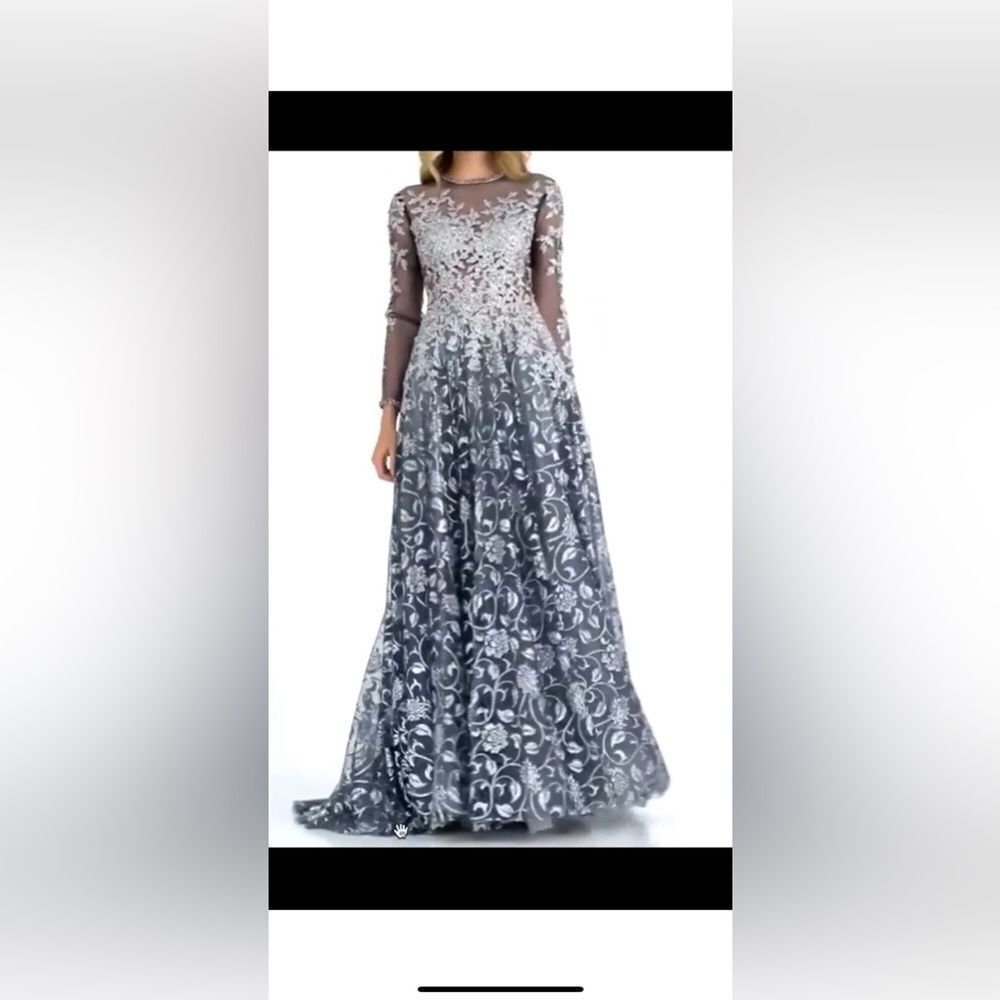 Mac Duggal Blue and White Floral Long Sleeve Gown